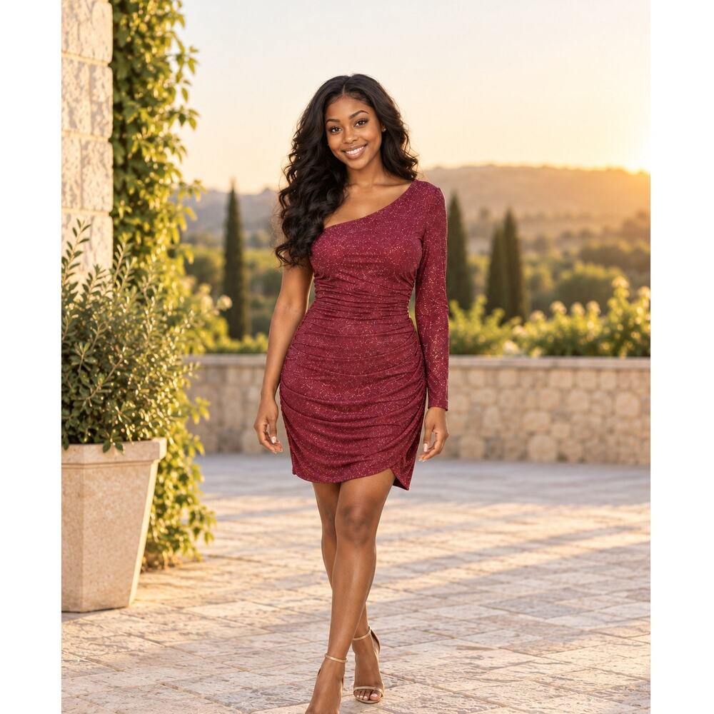 Emerald Sundae Wine Glitter Ruched One Shoulder Bodycon Mini Dress XL NWT